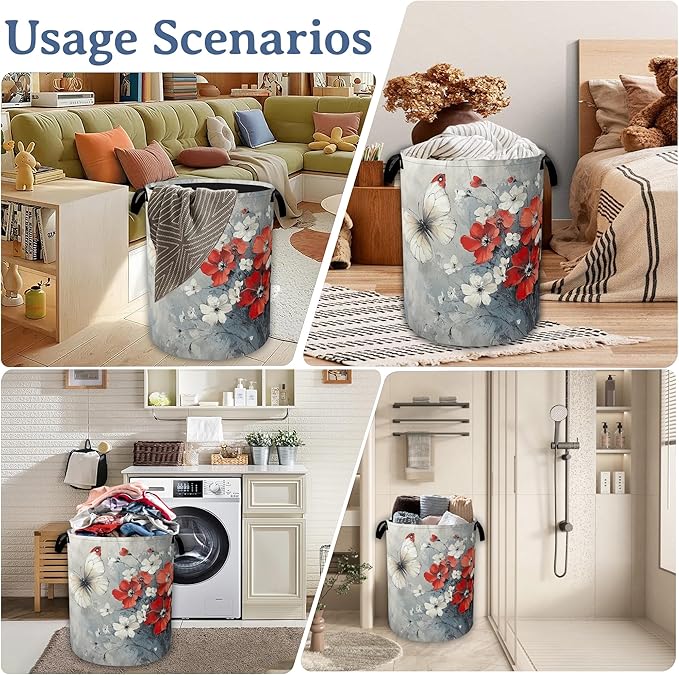 Butterfly Flowers Laundry Basket, Foldable Oxford Cloth Red Laundry Hamper - Image 7