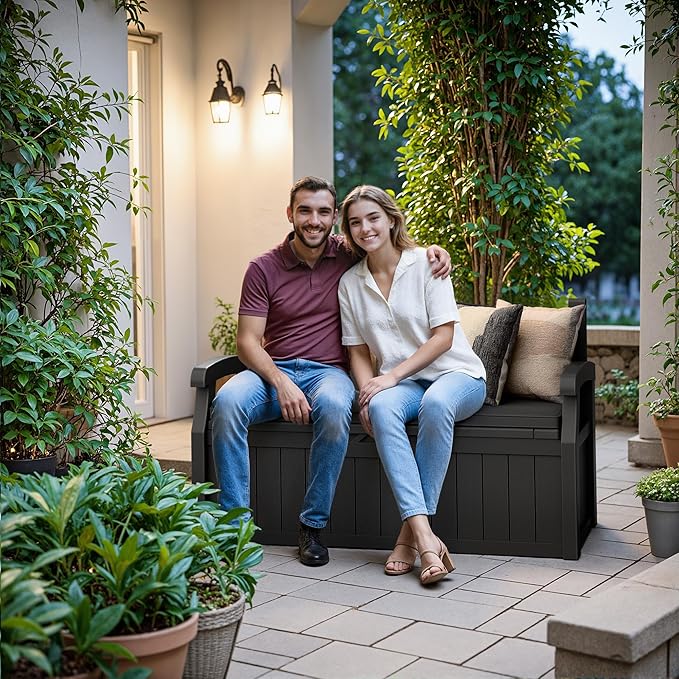 Devoko 80 Gallon Storage Bench with Cushion, Lockable Deck Box for Patio Furniture, Garden Decor and Outdoor Seating for Cushions, Garden Tools and Pool Supplies (Black, 80 Gallon with Cushion) - Image 7