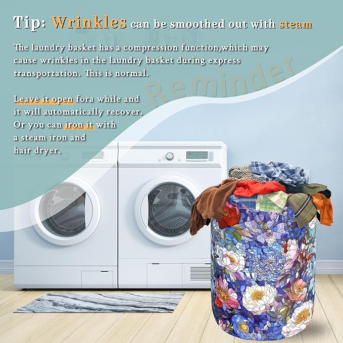 Blue Flowers Laundry Basket Glass Colorful Floral Foldable Funny Laundry Hamper - Image 6