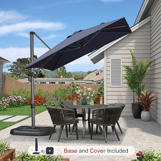 PURPLE LEAF 8'×8' Patio Cantilever Umbrella with Base Included Offset Outdoor Umbrella with cover Square umbrella outdoor patios for Backyard Pool Garden Navy Blue - Image 2