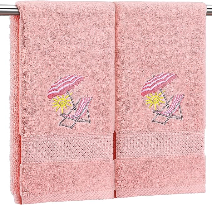2 Pcs Beach Chair Hand Towels Pink Bathroom Decor 14x29 Inch Embroidered 100% by SmoothNovelty
