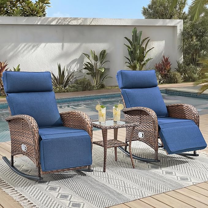 3 Pieces Zero Gravity Wicker Patio Rocking Recliner Chairs Set of 2 - Wicker Outdoor Lounge Chair with Side Table, Adjustable Backrest & Footrest, High Back Outdoor Recliner Chair for Pool Deck Blue by JelwalyPatioFurnitureSet