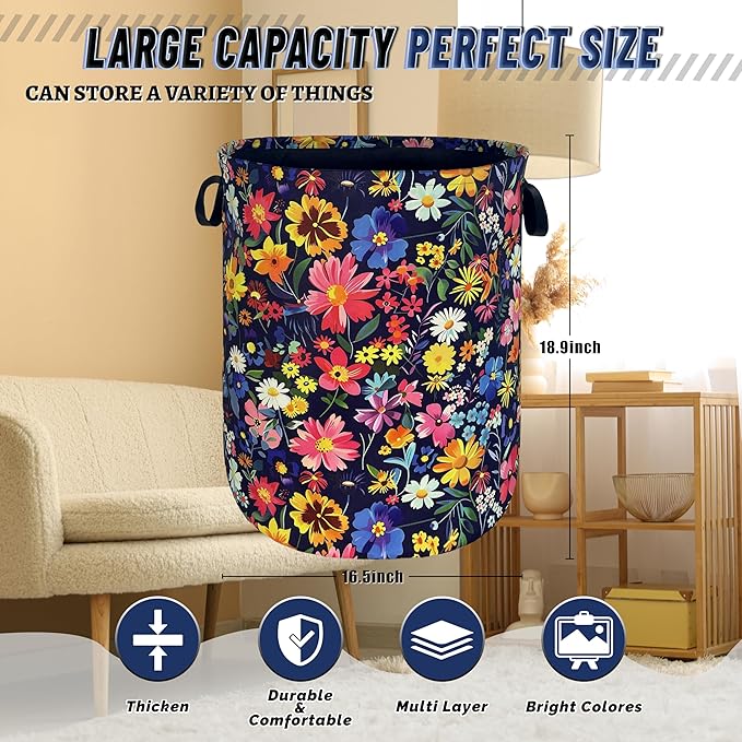 Colorful Flowers Laundry Basket Oxford Cloth Foldable Floral Laundry Hamper - Image 3