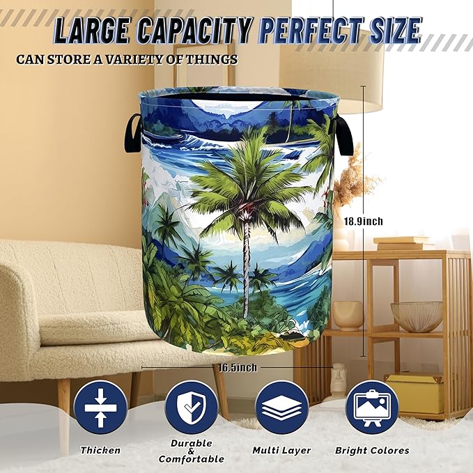 Tropical Palm Tree Laundry Basket Oxford Cloth Colorful Hawaii Laundry Hamper - Image 3