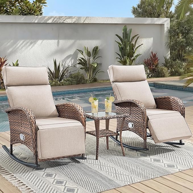 3 Pieces Zero Gravity Wicker Patio Rocking Recliner Chairs Set of 2 - Wicker Outdoor Lounge Chair with Side Table, Adjustable Backrest & Footrest, High Back Outdoor Recliner Chair for Pool Deck Beige by JelwalyPatioFurnitureSet