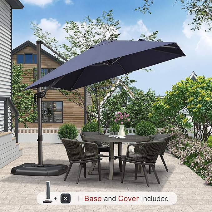 PURPLE LEAF 9'×9' Patio Umbrella with Base Outdoor Cantilever Umbrella with Cover Aluminum Square Offset Umbrella with 360-degree Rotation for Deck Pool Garden Navy Blue - Image 2