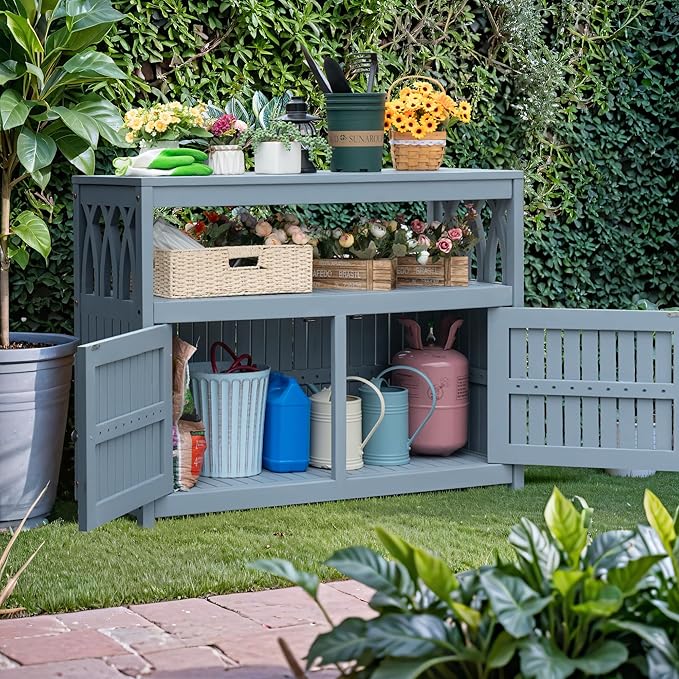 Greesum 2-Tier Outdoor Storage Cabinet in Acacia Wood, with 2 Magnetic Doors, for Garden, Picnic, Buffet, TV Stand, or Bar Table, Grey - Image 4