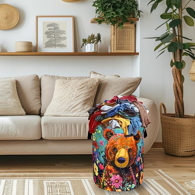 Bear Laundry Basket Oxford Cloth Foldable Colored Animal Flowers Laundry Hamper - Image 2