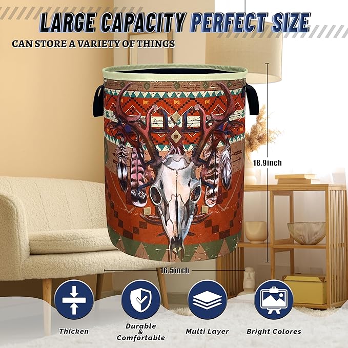 Longhorn Cattle Skull Laundry Basket Oxford Cloth Colorful Tribal Laundry Hamper - Image 3