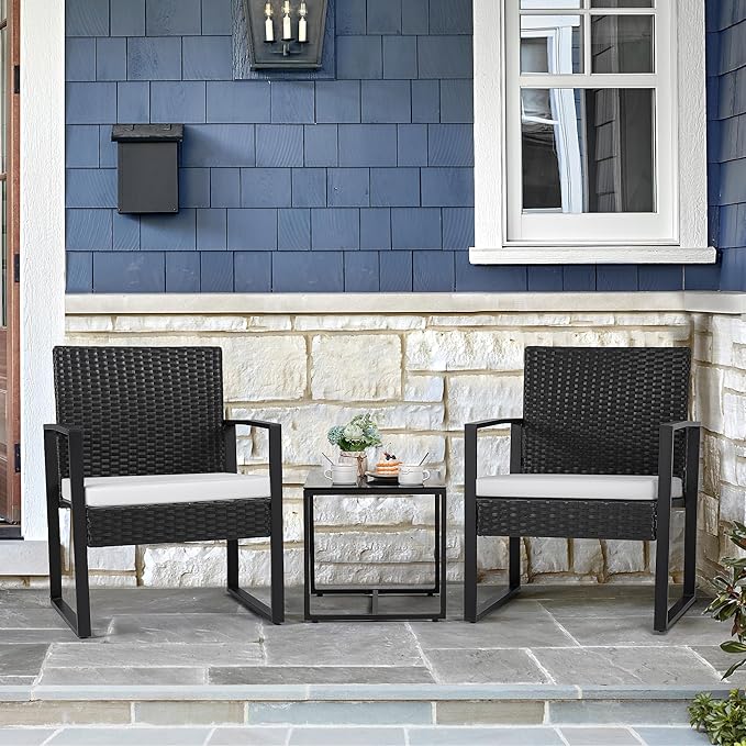 Flamaker 3 Pieces Patio Furniture Outdoor Wicker Modern Rattan Chair Conversation Sets with Coffee Table for Yard, Bistro(White) - Image 2