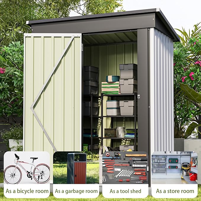 Patiowell 5x3 FT Outdoor Storage Shed, Garden Tool Shed with Sloping Roof and Lockable Door, Metal Shed for Backyard Garden Patio Lawn, White - Image 6