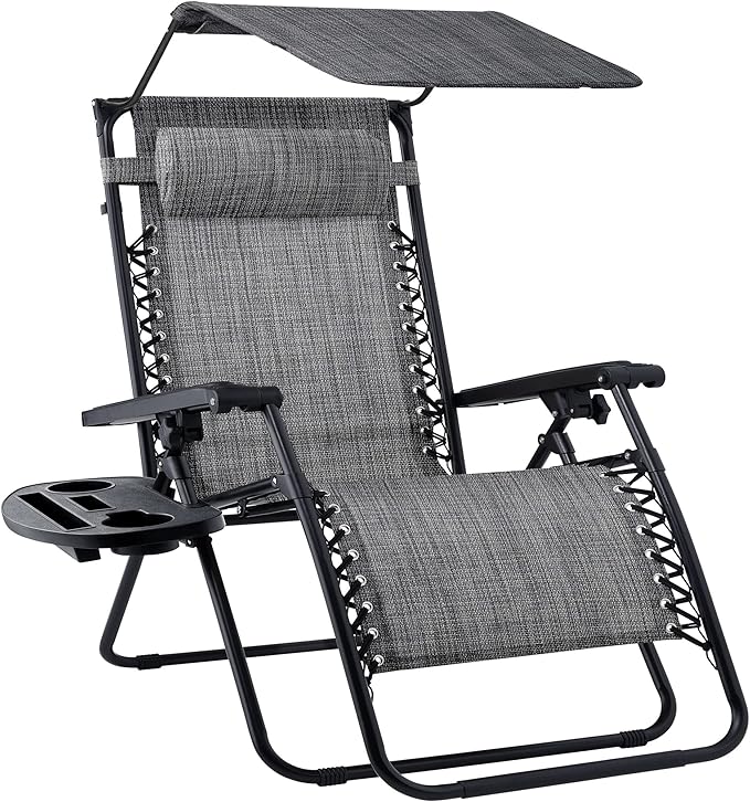 Best Choice Products Folding Zero Gravity Outdoor Recliner Patio Lounge Chair w/Adjustable Canopy Shade, Headrest, Side Accessory Tray, Textilene Mesh - Gray by BestChoiceProducts