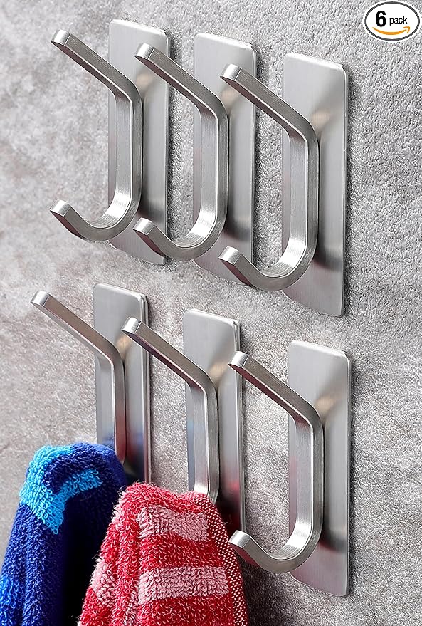 YIGII 6 Pack Adhesive Towel Hooks, Stainless Steel Sticky Hooks by YIGII