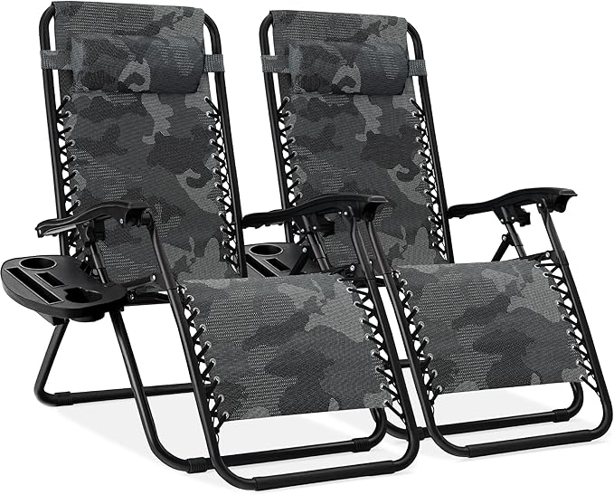 Best Choice Products Set of 2 Adjustable Steel Mesh Zero Gravity Lounge Chair Recliners w/Pillows and Cup Holder Trays - Camoflage by BestChoiceProducts