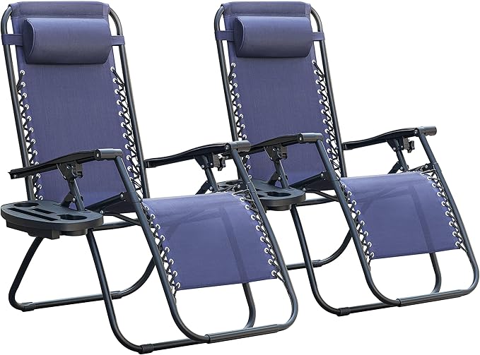 Homall Zero Gravity Chair Patio Folding Lawn Outdoor Lounge Gravity Camp Reclining Lounge Chair with Cup Holder Pillows for Poolside Backyard and Beach Set of 2 (Blue) by Homall