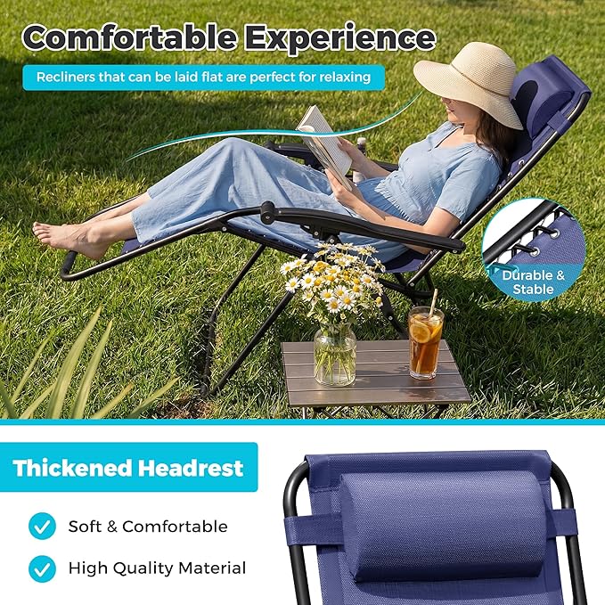 Homall Zero Gravity Chair Patio Folding Lawn Outdoor Lounge Gravity Camp Reclining Lounge Chair with Cup Holder Pillows for Poolside Backyard and Beach Set of 4 (Blue) - Image 5