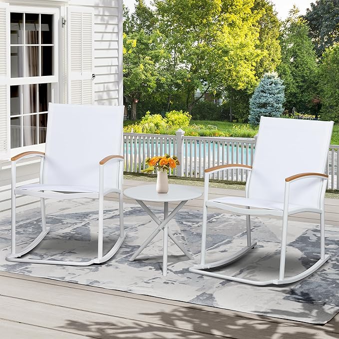 Shintenchi 3 Piece Outdoor Rocking Bistro Set, Textilene Fabric Small Patio Furniture Set, Front Porch Rocker Chairs Conversation Set with Table for Lawn, Garden, Balcony, Poolside (White) - Image 7