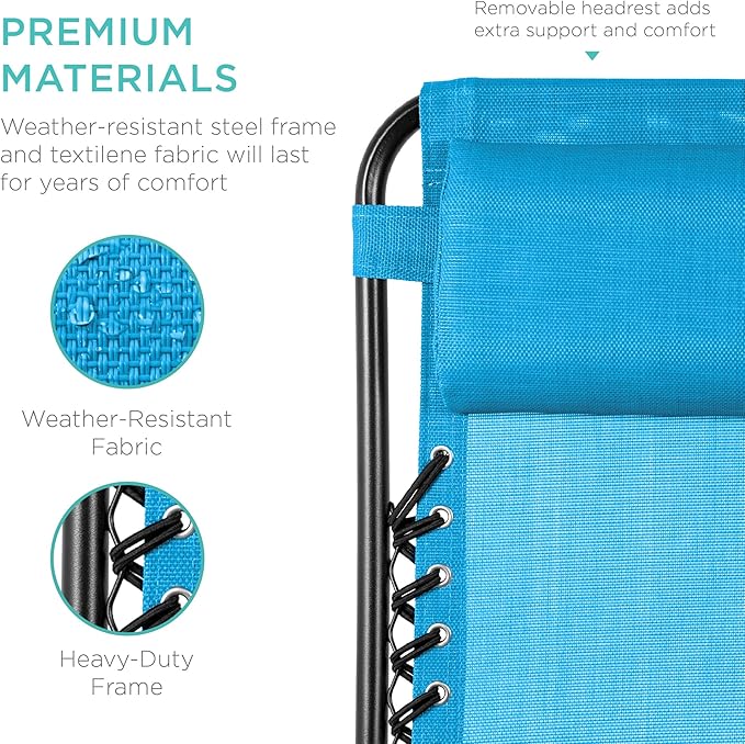 Best Choice Products Set of 2 Adjustable Steel Mesh Zero Gravity Lounge Chair Recliners w/Pillows and Cup Holder Trays - Light Blue - Image 6