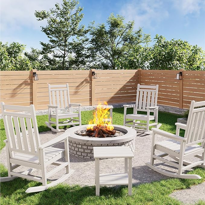 GarveeLife Poly Lumber Rocking Chair Outdoor Set of 4 with 2 Side Table - HDPE High Back Porch Rocker Chairs for Adults - All Weather Resistant Furniture for Patio - White by GarveeLife