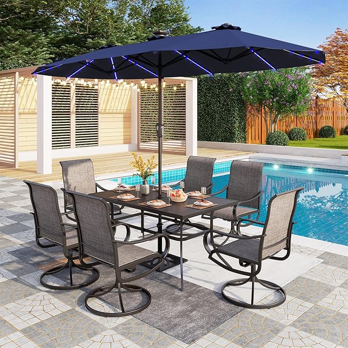 PHI VILLA 13ft Patio Umbrella with Solar-Powered 120 PCS LED Color-Changing Lights, Triple-Head Large Rectangle Umbrella Outdoor Patio for Table with Crank Lift,Navy Blue(No Base) - Image 7