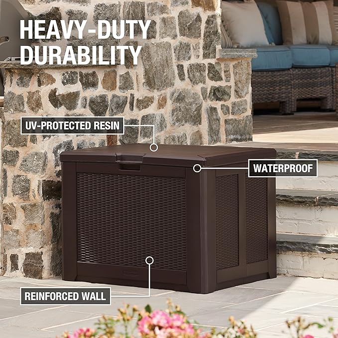Rubbermaid Medium Resin Outdoor Storage Deck Box (74 Gal) Weather Resistant Brown Deck Organization for Home/Backyard/Pool Chemicals/Toys/Garden Tools/Porch/Patio Cushions - Image 5