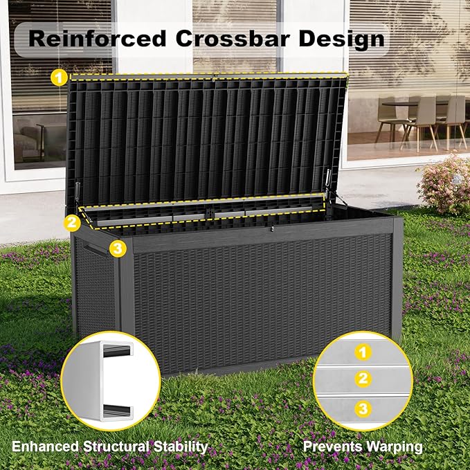 ROJIK Outdoor Storage Housing Deck Box,Waterproof Patio Furniture, Garden Tools, Cushions, Pool Accessories Storage Bench with Lockable Lid and Side Handles (Black,320 Gallon) - Image 4