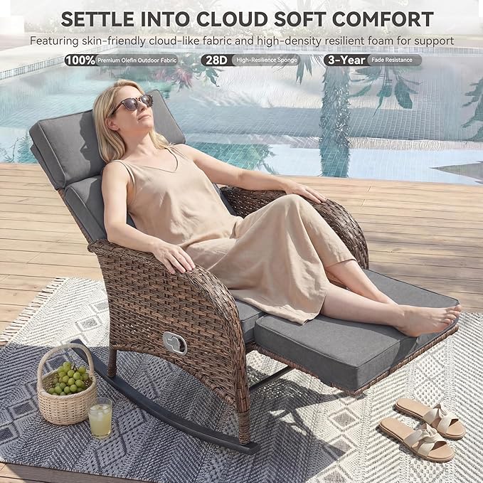 3 Pieces Zero Gravity Wicker Patio Rocking Recliner Chairs Set of 2 - Wicker Outdoor Lounge Chair with Side Table, Adjustable Backrest & Footrest, High Back Outdoor Recliner Chair for Pool Deck Gray - Image 3
