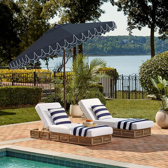SAFAVIEH 9ft Outdoor Patio Umbrella, Round, Valance, Navy & White Trim, Auto Crank Tilt, UV Resistant for Deck, Backyard, Poolside (PAT8006A) - Image 8