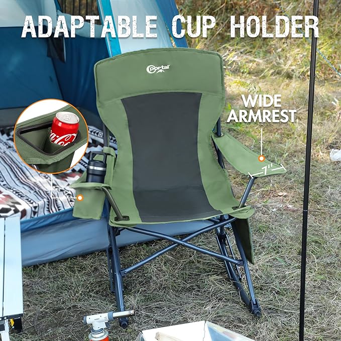 Portal Outdoor Rocking Chair Camping Folding Portable Rocker with Cup Holder Side Pocket Carry Bag, Support 350LBS (Green) - Image 6