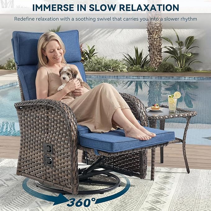 Zero Gravity Patio Swivel Rocking Recliner Chairs Set of 2 - Wicker Outdoor Lounge Chair with Adjustable Backrest & Footrest, All Weather Reclining Rocker Chairs with Thick Cushion for Pool Deck Blue - Image 4