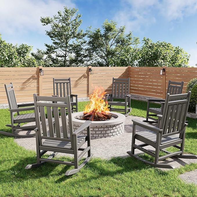 HDPE Rocking Chair Outdoor Set of 2 - Poly High Back Porch Rocker Chairs for Adults - All Weather Resistant Furniture for Patio Front Porch - Gray - Image 8