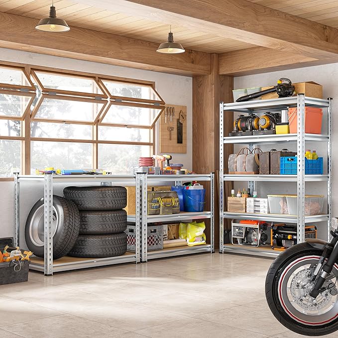 REIBII Garage Shelving, 5 Tier Storage Shelves Load 2400LBS, Adjustable Garage Shelving Heavy Duty, Metal Shelves Unit with Waterproof Columns, 35.5" W x 11.9" D x 72" H, Galvanized, 2 Pack - Image 2