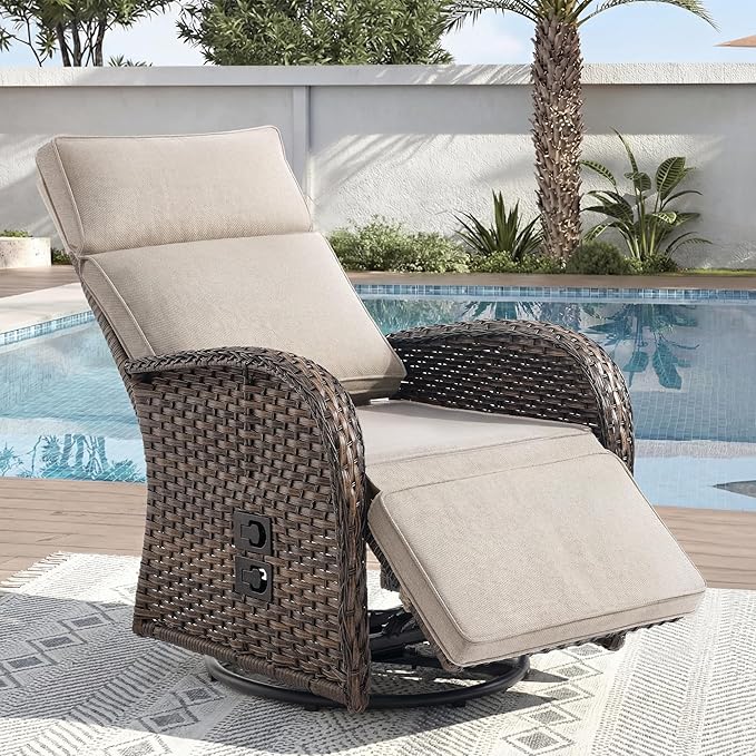 Zero Gravity Patio Swivel Rocking Recliner Chair - Wicker Outdoor Lounge Chair with Adjustable Backrest & Footrest, All Weather Reclining Rocker Chairs with Thick Cushion for Pool Deck Beige by JelwalyPatioFurnitureSet