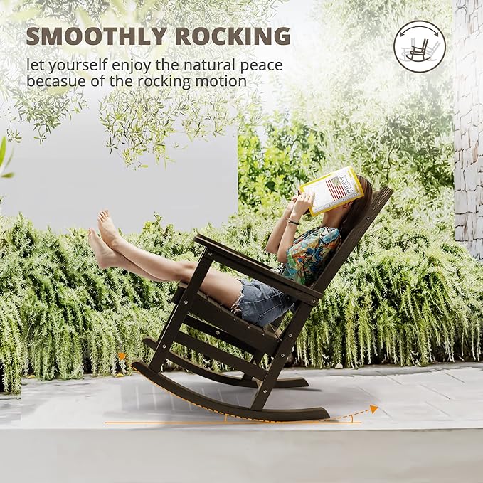 LUE BONA Outdoor Rocking Chairs Set of 2, Weather Resistant HDPS Poly Rocker Chairs, 350lb Heavy Duty, Oversized Porch Rocker for Adult, High Back Smooth Rocking Chair for Outdoor & Indoor, Brown - Image 9