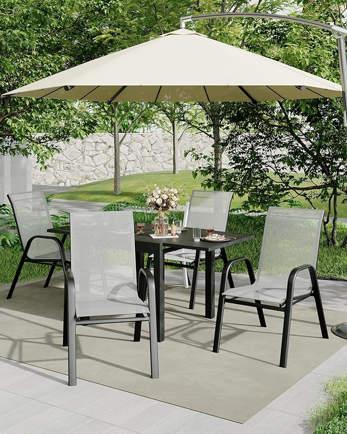 Outdoor Stackable Dining Chairs Set of 4, High-Back Patio Stacking Chairs, Patio Chairs with Textilene Farbic & Metal Frame for Lawn Backyard Deck Garden,Grey - Image 3
