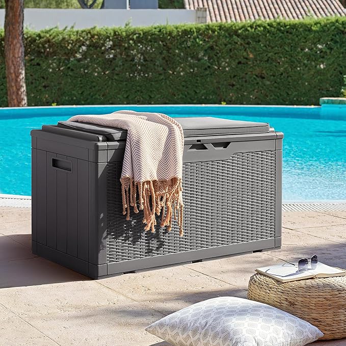 Flamaker Deck Box with Cushion 100 Gallon Waterproof Resin Storage Box with Air Rod Indoor Outdoor Lockable Storage Bench for Patio Furniture, Tools, Pool Accessories (Gray) - Image 2
