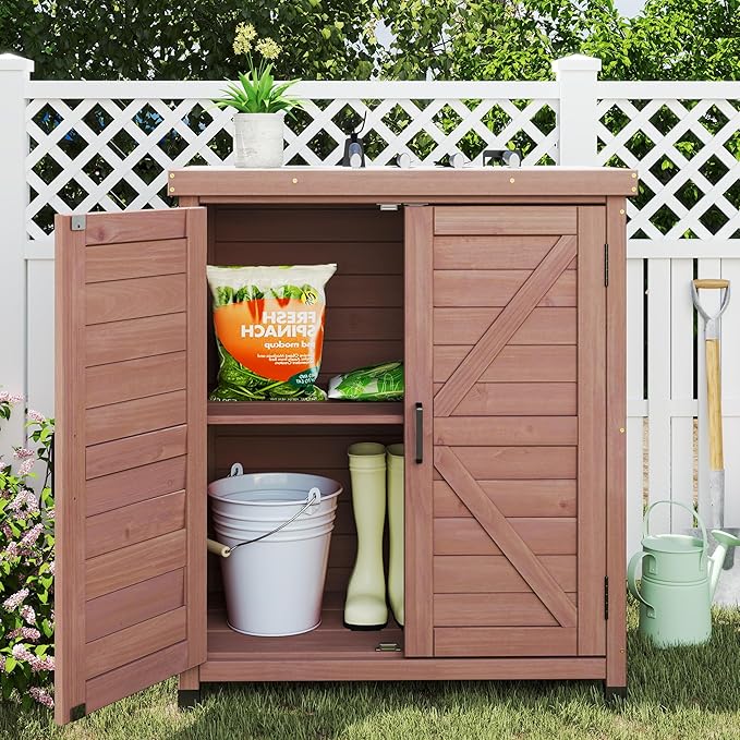 Outdoor Storage Cabinet & Potting Bench Table with Metal Top, Wooden Patio Furniture, Garden Workstation (Royal Brown, 36x31x17in) - Image 2