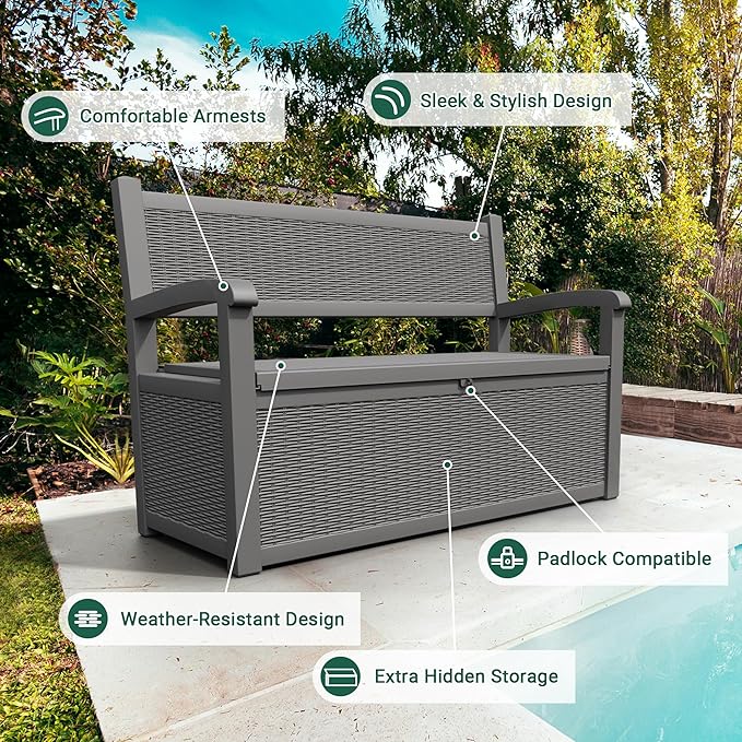 80 Gallon Outdoor Storage Box, Resin Patio Furniture with Armrest, Lockable Deck Box with Waterproof and UV Resistant for Patio Cushions, Garden Tools and Pool Supplies, Grey - Image 3