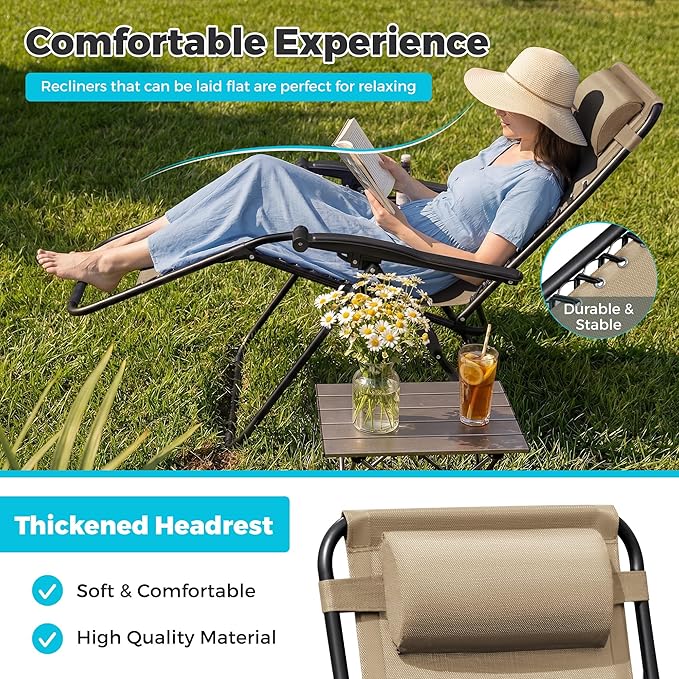 Homall Zero Gravity Chair Patio Folding Lawn Outdoor Lounge Gravity Camp Reclining Lounge Chair with Cup Holder Pillows for Poolside Backyard and Beach Set of 4 (Beige) - Image 6
