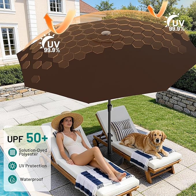 AreShark 9 FT Patio Umbrella for Outdoor, Outdoor Table Umbrella with Push Button Tilt and Crank, Outdoor Patio Umbrellas with 8 Sturdy Ribs for Market, Garden, Pool (Brown) - Image 4
