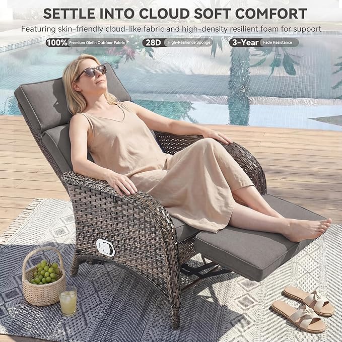 3 Pieces Zero Gravity Wicker Patio Recliner Chairs Set of 2 - Wicker Outdoor Lounge Chair with Side Table, Adjustable Backrest & Footrest, High Back Outdoor Recliner Chair for Pool Deck Gray - Image 3