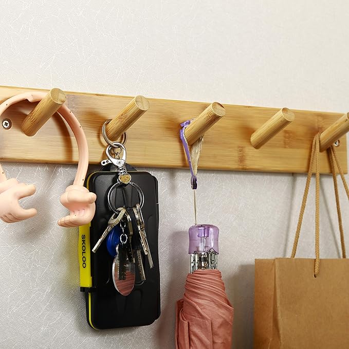 SKOLOO Wooden Wall Mounted Coat Rack, 5 Pegs Bamboo Wall Hook - Image 7