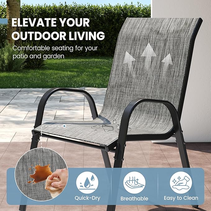 Patio Dining Chairs Set of 8, Outdoor High Stacking Chairs，Breathable Seat Fabric and Alloy Steel Frame for Backyard, Porch, Garden, Sunroom (Light Grey) - Image 4
