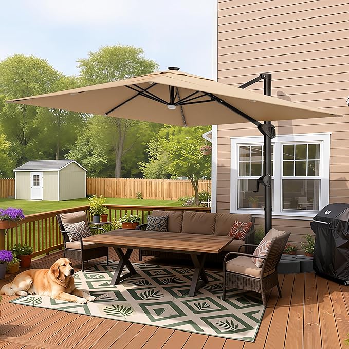 HOMSHADE 10 ft Square Cantilever Patio Umbrella with Base Included, Solar Lights Large Umbrella Outdoor Patio with 360°Rotation&Tilting, LED Lighted Offset Umbrellas w/Stand for Pool Deck - Image 9