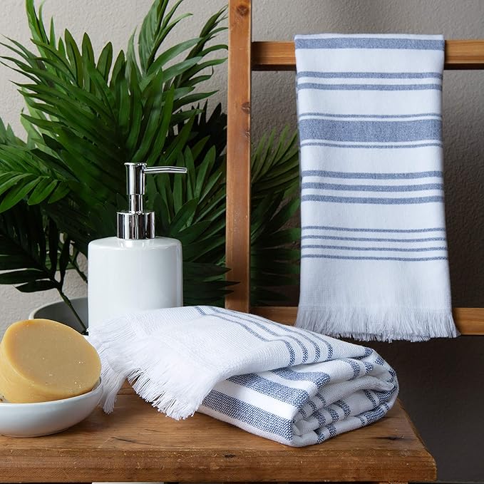 Sticky Toffee Hand Towels for Bathroom Set of 2 – 28x16 in White and Navy Blue - Image 2