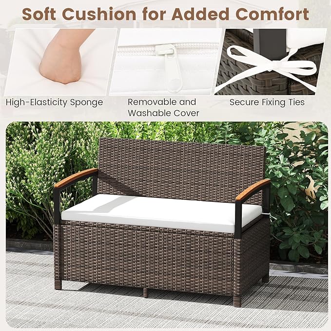 Tangkula 46 Gallon Outdoor Bench with Storage, Outdoor PE Rattan Storage Bench with Cushion, Backrest & Acacia Wood Armrests, Metal Frame, Waterproof Deck Box Seat for Porch Backyard Poolside - Image 8