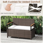 Tangkula 46 Gallon Outdoor Bench with Storage, Outdoor PE Rattan Storage Bench with Cushion, Backrest & Acacia Wood Armrests, Metal Frame, Waterproof Deck Box Seat for Porch Backyard Poolside - Image 8