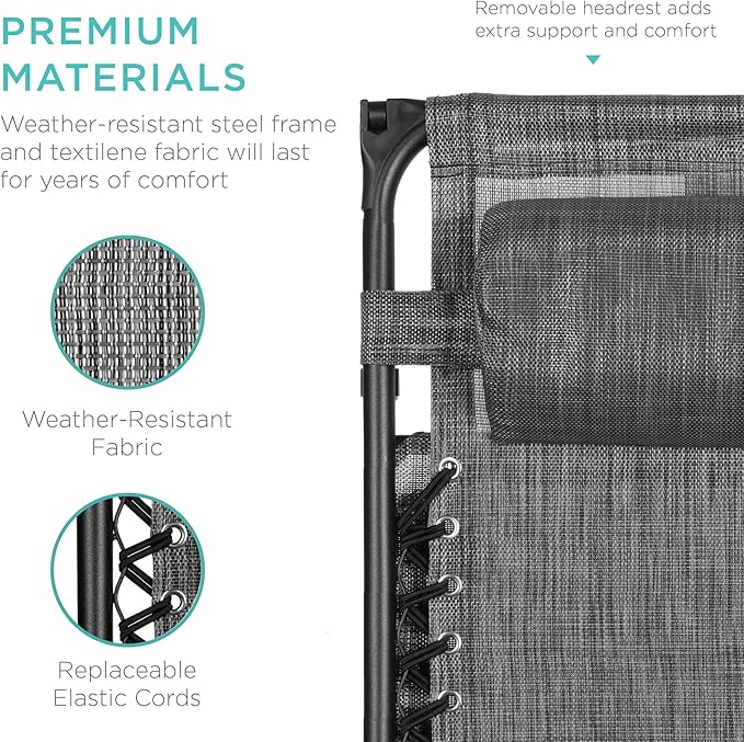 Best Choice Products Folding Zero Gravity Outdoor Recliner Patio Lounge Chair w/Adjustable Canopy Shade, Headrest, Side Accessory Tray, Textilene Mesh - Gray - Image 6