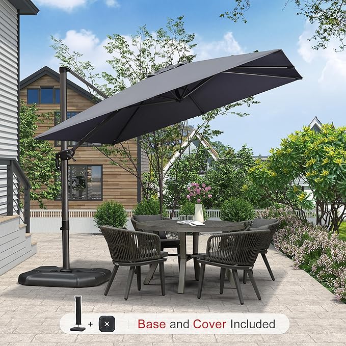 PURPLE LEAF 9'×9' Patio Umbrella with Base Outdoor Cantilever Umbrella with Cover Aluminum Square Offset Umbrella with 360-degree Rotation for Deck Pool Garden Grey - Image 2