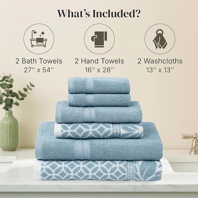 Modern Threads Trefoil Filigree 6-Piece 100% Cotton Towel Set – Reversible Yarn - Image 3